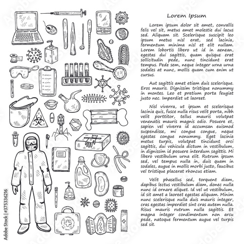Set with hand drawn virolory icons and other elemets. Science collection. Vector doolle illustration