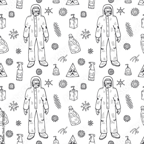 Seamless pattern with hand drawn viruses, protective suit and disinfectors, Science collection. Vector doodle illustration