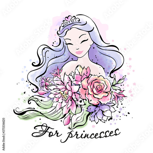 Art print for clothes and fabrics. Beautiful purple hair mermaid with a bouquet of flowers.  Fashionable ink and watercolor style. For princesses text.