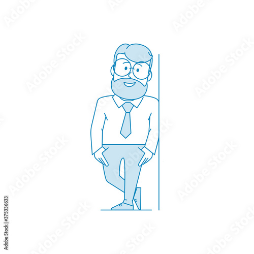 Man is leaning against the wall. Man with glasses and a beard holds his chin with his hand. Manager or office worker in a shirt with a tie. Illustration in line art style. Vector