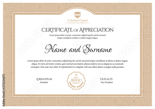 Certificate Template. Diploma of modern design or gift certificate. Frame from guilloche pattern. Elegant and expensive design. Vector illustration.
