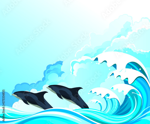 Dolphins or porpoises leaping out of the water in front of ocean waves set against a blue cloudy sky