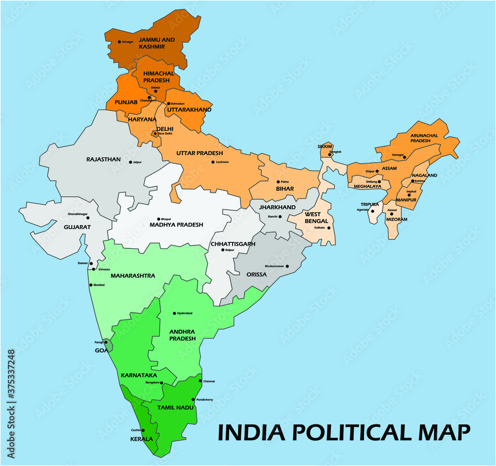 India political map divide by state colorful outline simplicity style. Vector illustration.