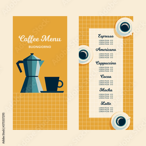 Coffee menu for cafe, vector design template with dark blue cup and white mug and blue coffeepot in flat design style on yellow tablecloth into a cage background. Vector illustration.