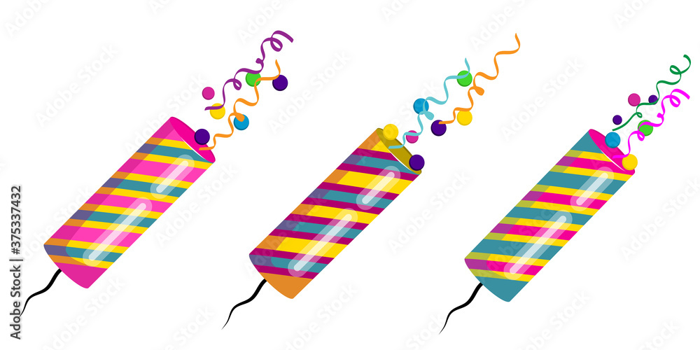 Obraz premium A set of Christmas crackers isolated on a white background. Vector illustration in a flat cartoon style. Party poppers with confetti and ribbons.