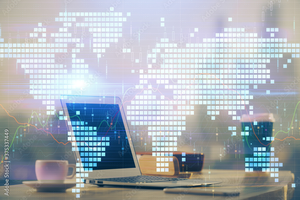 Multi exposure of business theme icons and table with computer background. Concept of success. Multi exposure of business theme icons and table with computer background. Concept of success.
