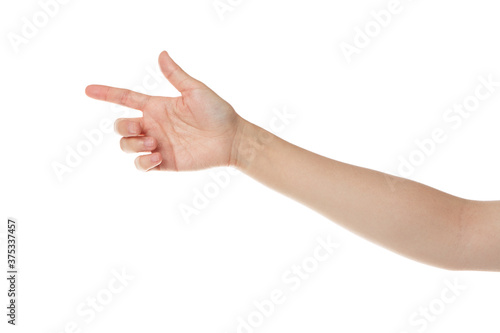 a woman s hand pointing to one side.