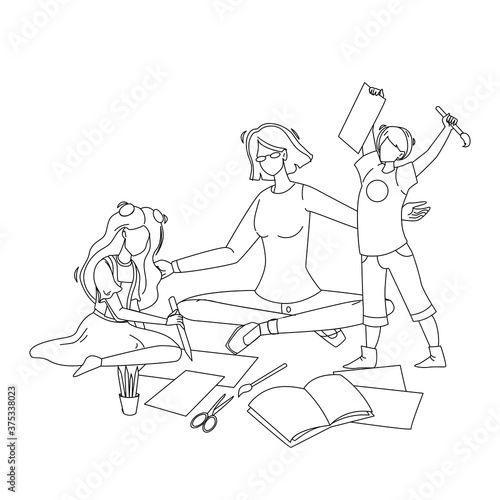 Babysitter Make Exercises With Children Vector Illustration