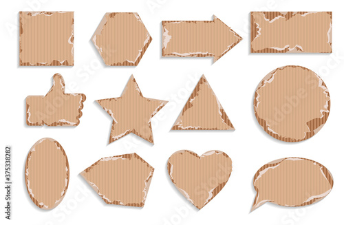 Banners set. Torn corrugated cardboard. Riped cardboard tags. Vector website template, design elements set on white background