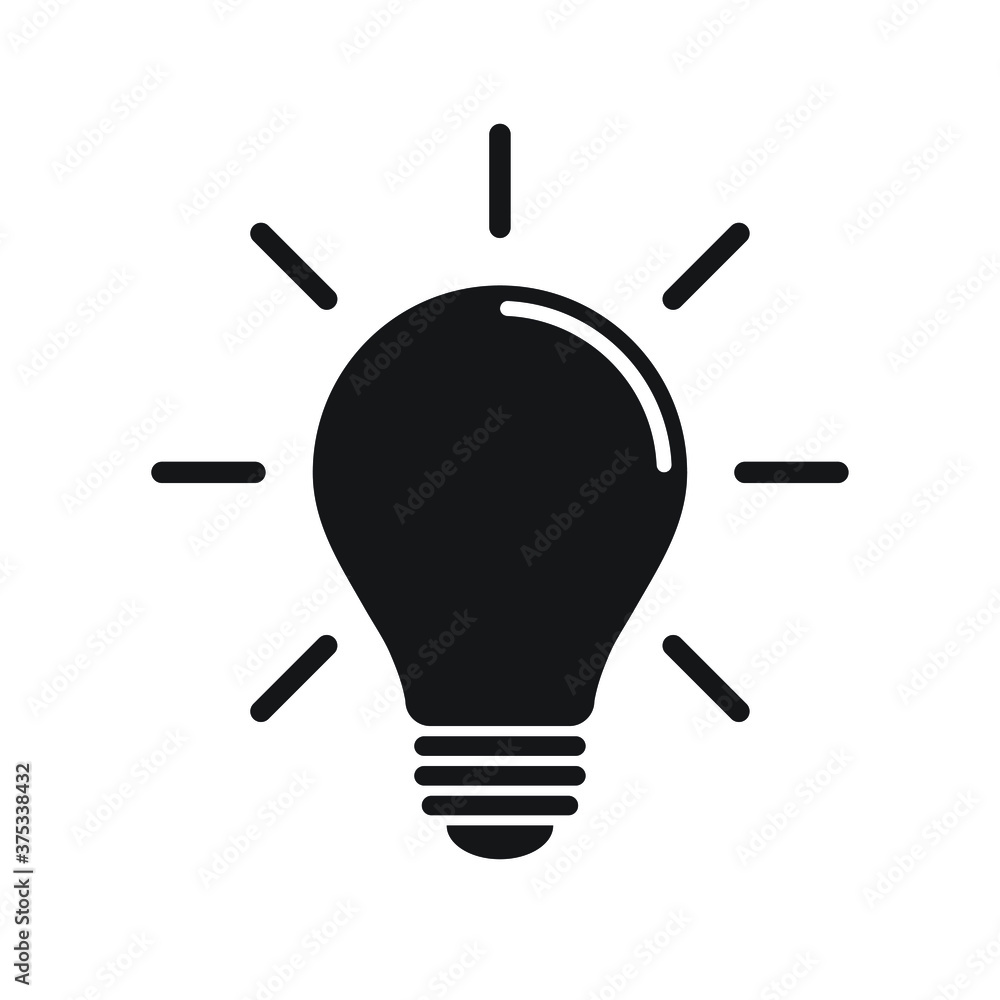 Light bulb icon. Incandescent lamp symbol. Idea and innovation sign. Creative energy or inspiration logo. Black silhouette. Isolated on white background. Vector illustration image. Light bulb icon. Incandescent lamp symbol. Idea and innovation sign. Creative energy or inspiration logo. Black silhouette. Isolated on white background. Vector illustration image.