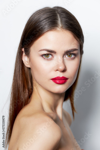 Lady natural look attractive look red lips charm 