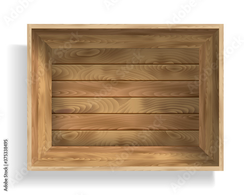 Empty open wooden box isolated on white background. Top view.
