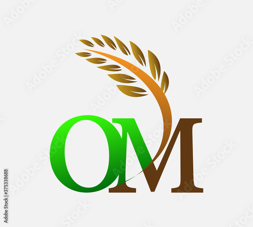 initial letter logo OM, Agriculture wheat Logo Template vector icon design colored green and brown.