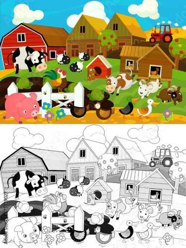 Fototapeta Naklejka Na Ścianę i Meble -  cartoon farm ranch scene with happy animals illustration for children