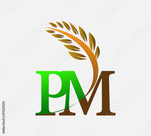 initial letter logo PM, Agriculture wheat Logo Template vector icon design colored green and brown.