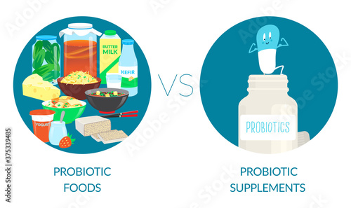 Probiotic Foods vs Probiotic.Supplements. Vector illustration.