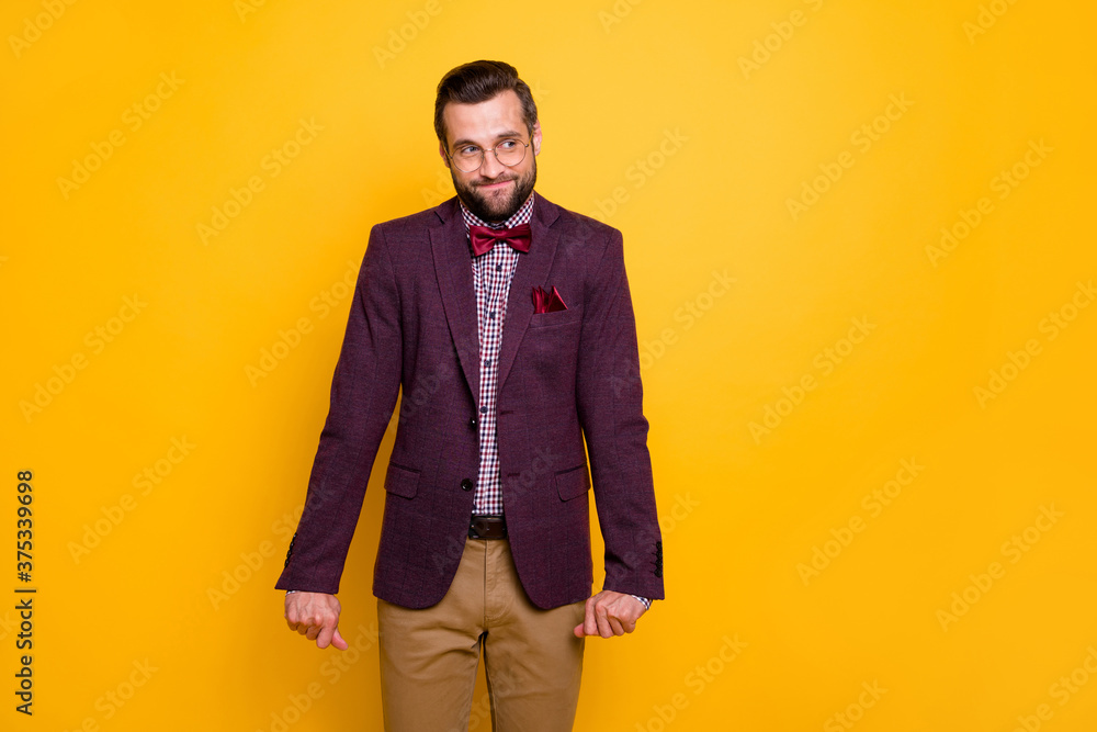 Photo of handsome cool clothes stylish guy boyfriend shy look girlfriend prom party inviting dance wear specs tie bow plaid shirt blazer isolated yellow vibrant vivid color background Photo of handsome cool clothes stylish guy boyfriend shy look girlfriend prom party inviting dance wear specs tie bow plaid shirt blazer isolated yellow vibrant vivid color background