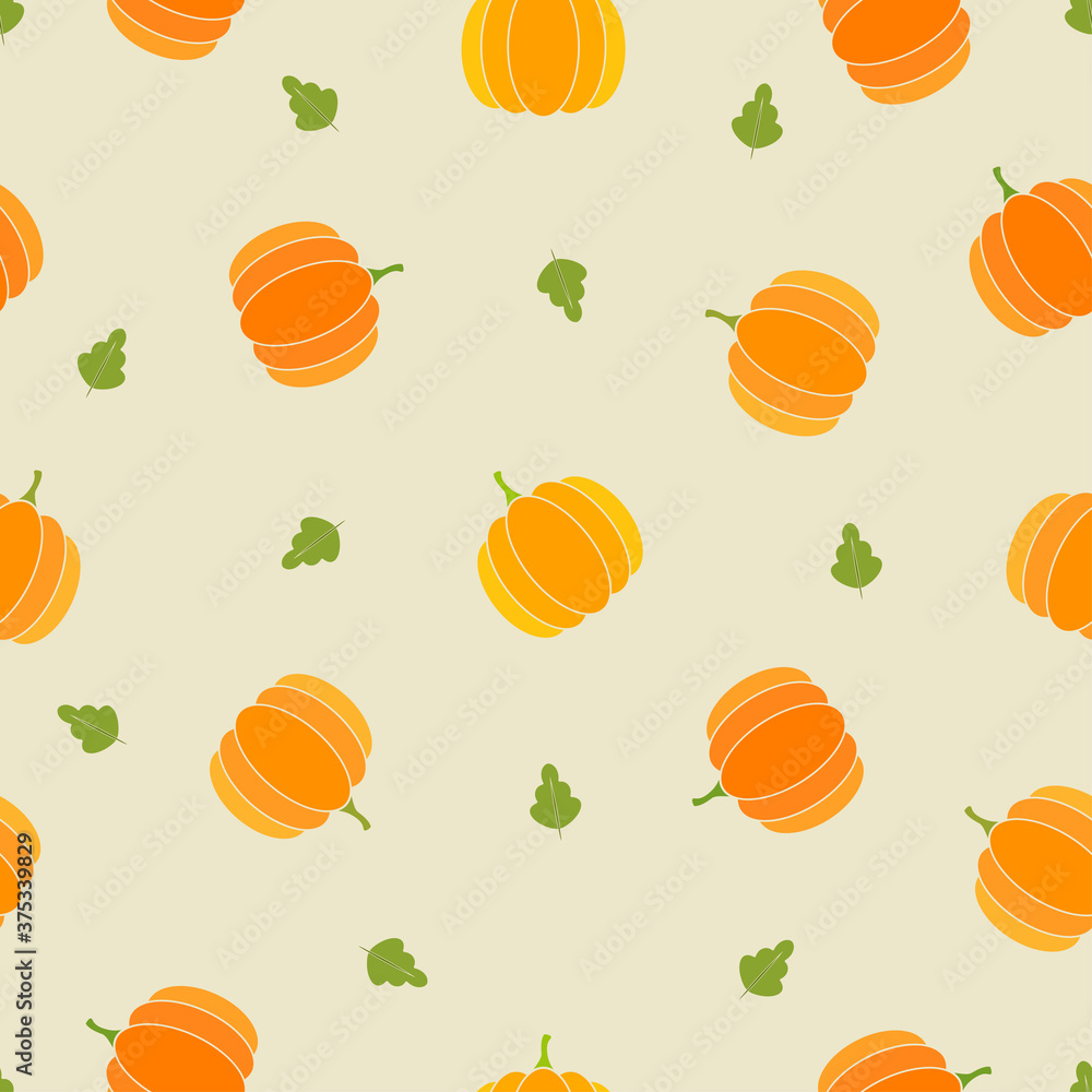 Bright pumpkins with green leaves on  light yellow background. Seamless autumn food pattern. Suitable for packaging, textile, wallpaper.