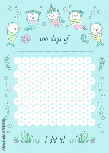 100 days of... Printable habit tracker decorated with little cat mermaids and sea creatures on a mint background. Vector 10 ESP.