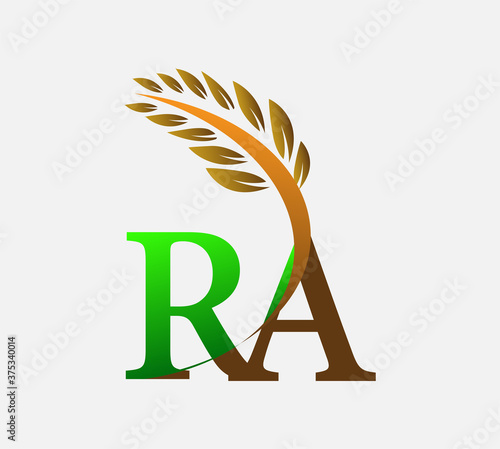 initial letter logo RA, Agriculture wheat Logo Template vector icon design colored green and brown.