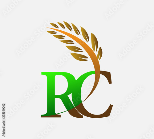 initial letter logo RC, Agriculture wheat Logo Template vector icon design colored green and brown.