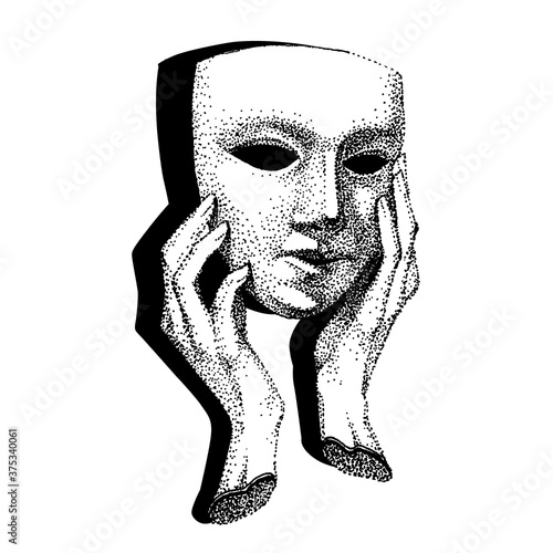 Mask in hands with shadow. Theater Actor tattoo. Hypocrite, pretender, trickster, many faces. Vintage black and white template. drama portrait.