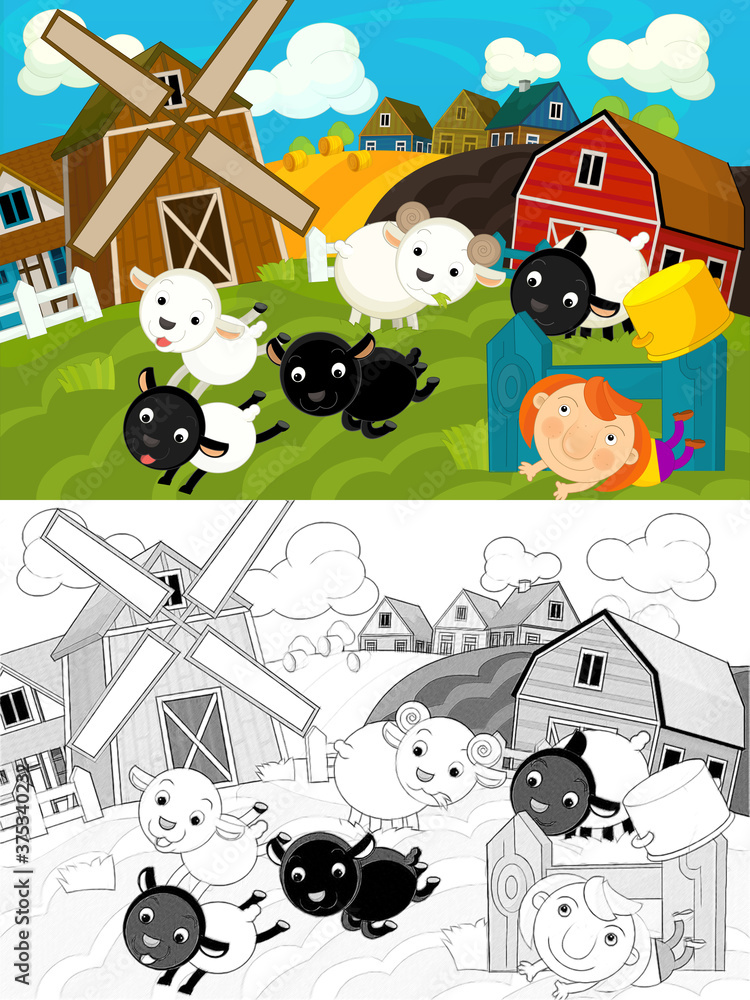 Naklejka premium cartoon farm ranch scene with happy animals illustration for children
