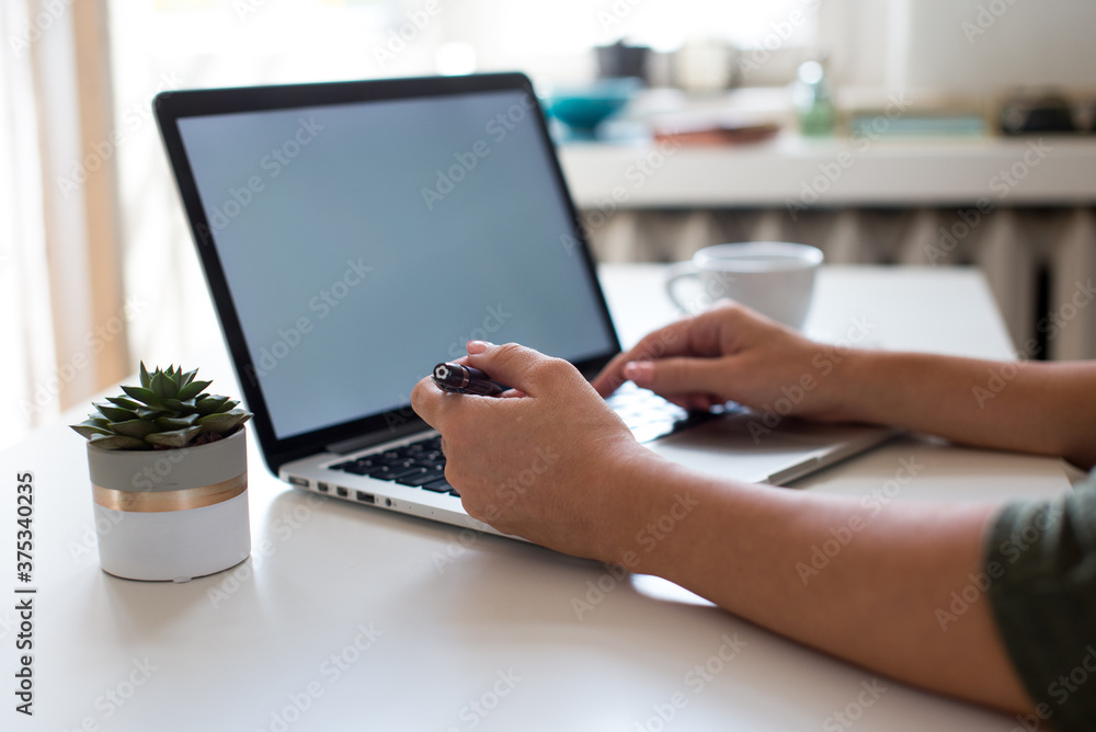 Woman working on her laptop with blank copy space screen. Mock up laptop with womans hands. Back view of business women hands busy using laptop. Home office. Quarantine. Coronavirus concept. Stay home