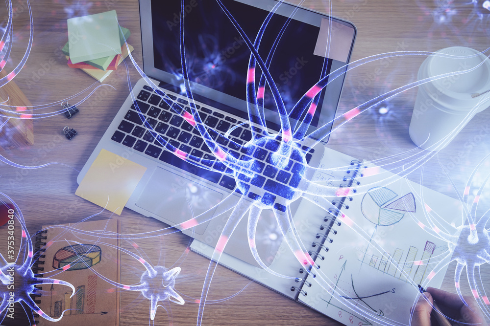 Interconnected neuron cells with glowing link knots in electrical pulses with man working background. Interconnected neuron cells with glowing link knots in electrical pulses with man working background.
