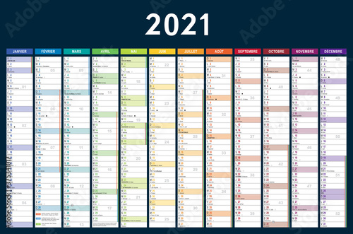 PLANNING 2021 français modifiabe (base pour 650x430mm recto) lunes, fêtes, fériés, vac,… typo arial narrow vectorisé et non vecto., 18 calques, Ech.1