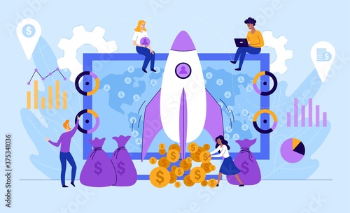 Business Conversion concept from start-up to earnings and profit with rocket and gold coins, colored vector illustration