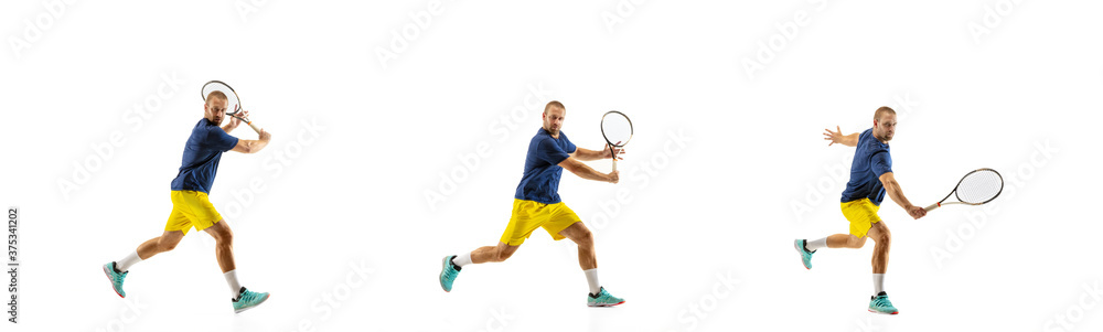 Hitting. Young caucasian professional sportsman playing tennis on white background, collage, motion of ball's hit in dymanic. Power and energy. Movement, ad, sport, healthy lifestyle concept. Artwork.