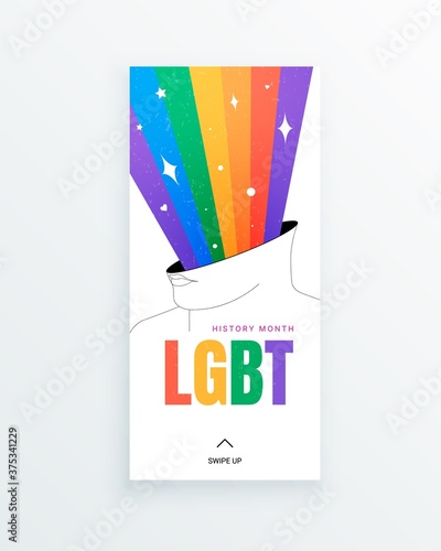LGBT History Month social media story with the lgbt-person and shining lgbt-rainbow. Building community and representing a civil rights statement about the contributions of the LGBTQ people.
