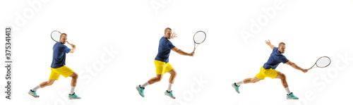 Catch. Young caucasian professional sportsman playing tennis on white background, collage, motion of ball's hit in dymanic. Power and energy. Movement, ad, sport, healthy lifestyle concept. Artwork.