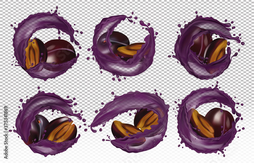 Set of 3d icons of six varieties of plum in splashes of drops. Collection detailed realistic ripe fresh plum for your banner, poster, natural ecological product. Fresh plum sliced and whole.3D vector.