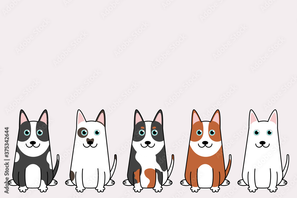 Vector illustration of funny cartoon dogs set. Bull Terrier dogs collection, Vector silhouette of dogs on pink background. Vector illustration of funny cartoon dogs set. Bull Terrier dogs collection, Vector silhouette of dogs on pink background.