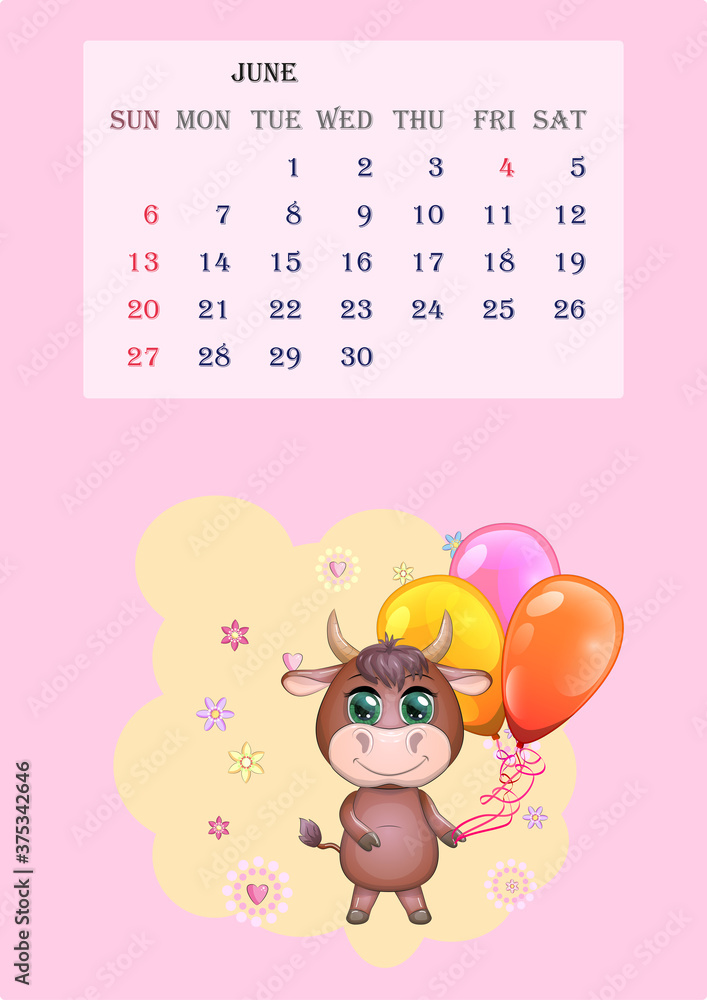 Obraz premium Calendar 2021. Cute bull and cow for every month.