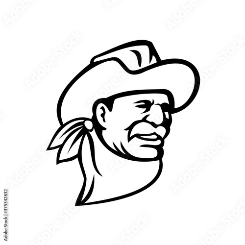 American Cowboy Wearing a Hat Mustache and Bandana Mascot Black and White