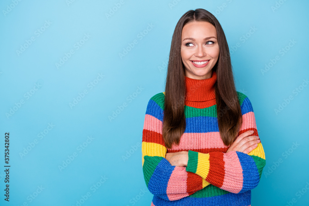 Portrait of positive cheerful girl worker cross hands look copyspace enjoy decide choose work decision choice wear rainbow style pullover isolated over blue color background Portrait of positive cheerful girl worker cross hands look copyspace enjoy decide choose work decision choice wear rainbow style pullover isolated over blue color background