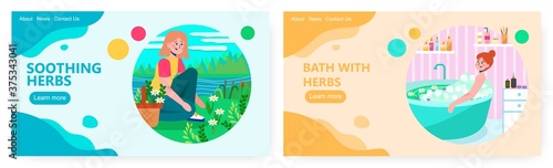 Woman picking up flowers on a field. Herbs cosmetic and spa concept illustration. Vector web site design template. Woman taking a bath with herbs and flowers