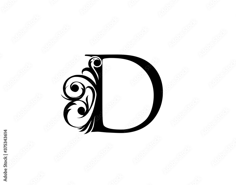 Calligrapic letter D. Graceful royal style. Luxury alphabet arts logo. Vintage drawn emblem for book design, brand name, stamp, Restaurant, Boutique, Hotel.