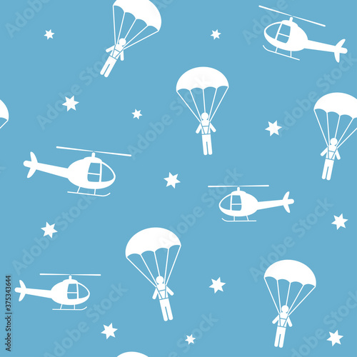 Cartoon helicopters and parachutists. Blue seamless pattern, background, vector illustration