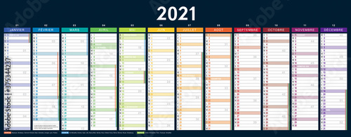 CALENDRIER 2021 français vectorisé, vierge (535x210mm recto) jours fériés, vacances, 11 calques, Ech.1