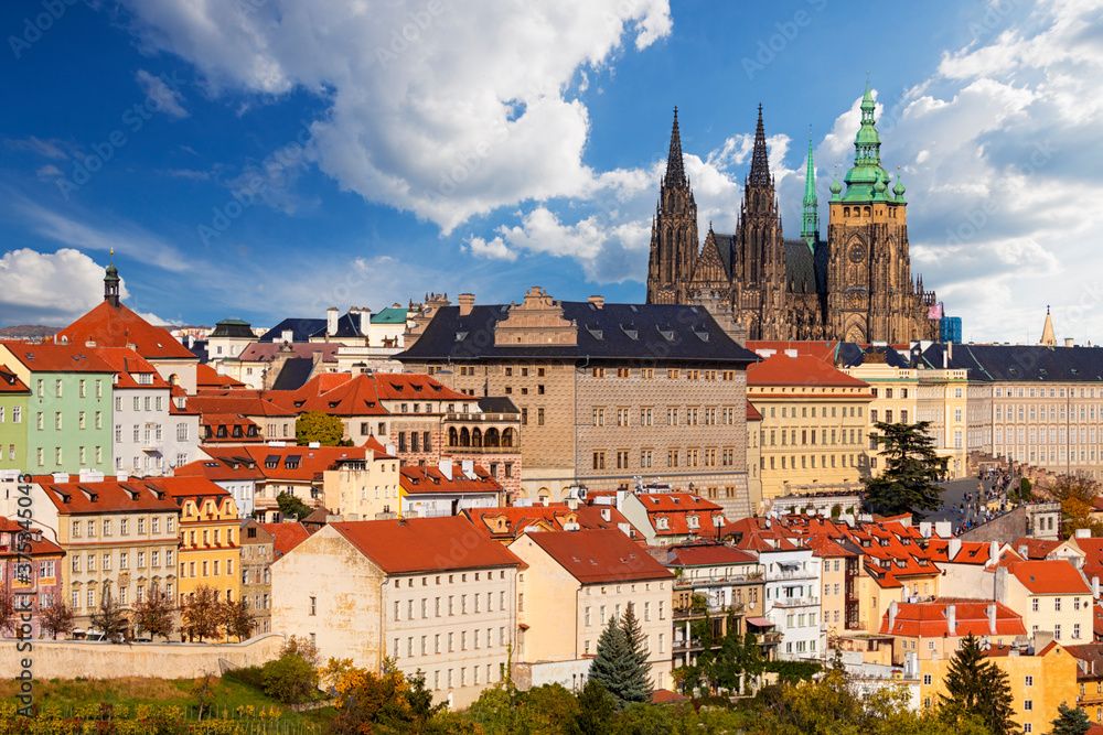 View of colorful old town and Prague castle, Czech Republic