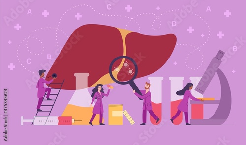 Hepatitis concept with diseased liver, medical staff and laboratory glassware and test, colored vector illustration