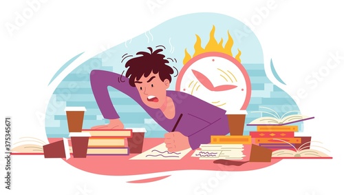 Angry frustrated student working to a deadline in front of a burning clock yelling at his class work, colored vector illustration