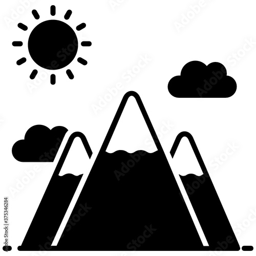 
A beautiful icon of mountains with sun denoting hill station in flat style
