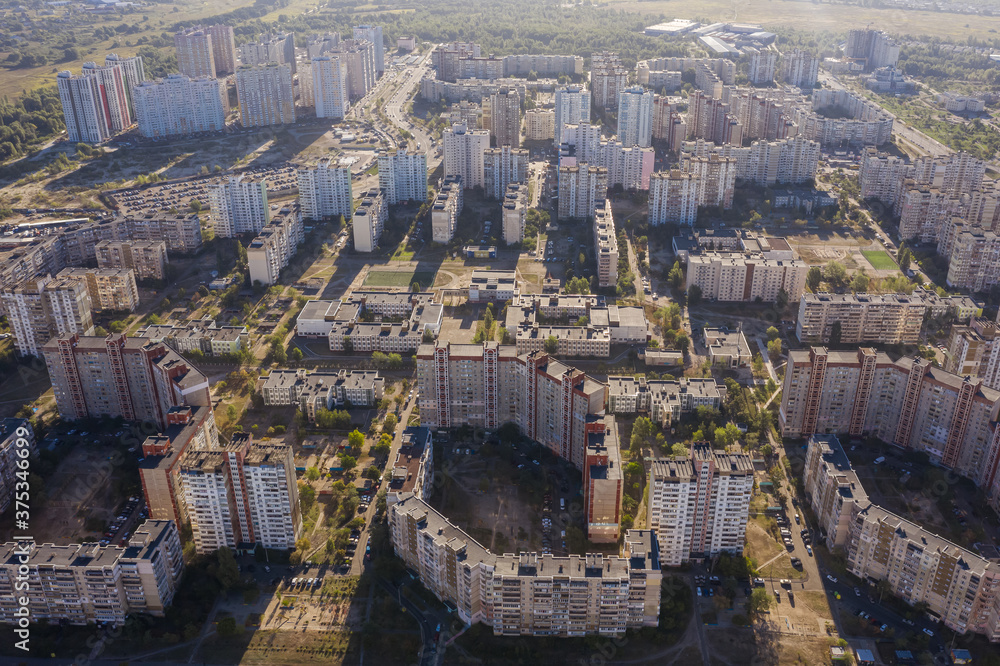 Kiev (Kyiv) Ukraine  Troieshchyna area whole-planned bedroom district housing. outskirt located on the city's northern left-bank and is administratively part of the Desnianskyi District. Aerial urban 