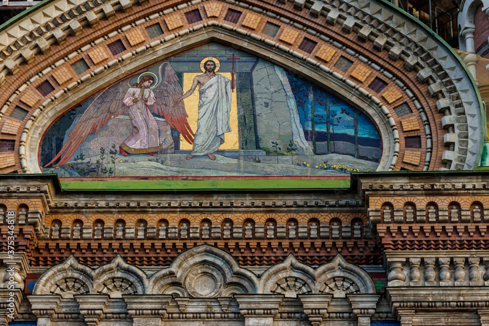 Mosaic orthodox icon on a facade of Church of the Savior on Spilled Blood in St. Petersburg, Russia