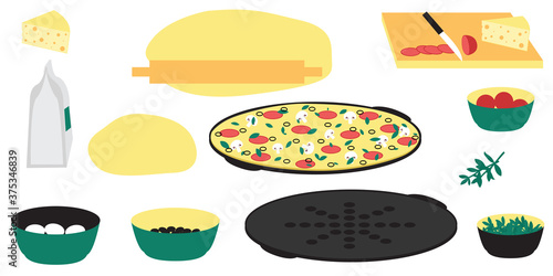 Set of ingredients for making pizza. Modern design concept of pastime at home. Flat vector illustration isolated on white background.